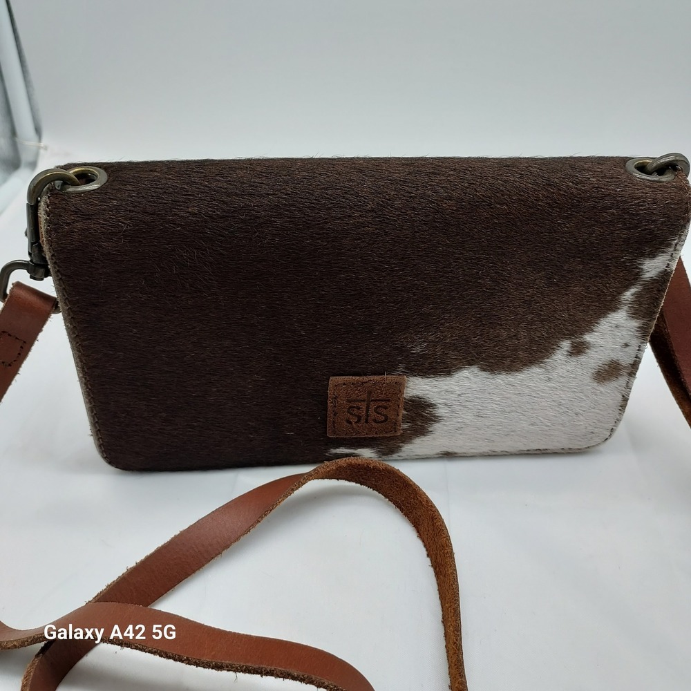 STS Ranchwear Cowhide Leather Crossbody Wallet Bag Brown White Hair On Hide